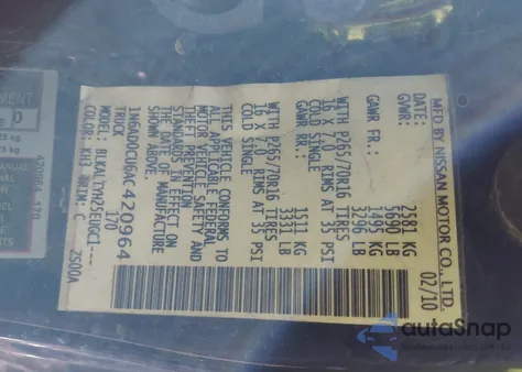 2010 Nissan Frontier Se from USA, damaged, VIN 1N6AD0CU6AC420964